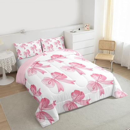 Erosebridal Pink Princess Bow Comforter Set Queen Cute Cartoon Bowknot Bedding Set for Kids Girls Teen Women,Romantic Coquette Bow Tie Comforter Girly Kawaii Butterfly Knot Bed Set
