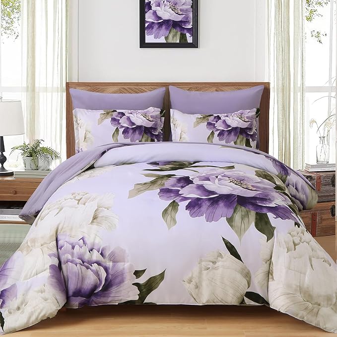 Dobuyly Purple Queen Comforter Set 7 Piece Bed in a Bag Queen, Purple Floral Printed on Light Purple Comforter Set with Sheets, Soft Microfiber Botanical Complete Bedding Set for All Season