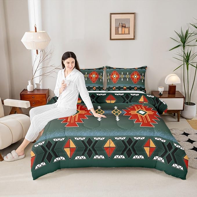 Erosebridal Southwestern Aztec Toddler Comforter Set, Rustic Western Bedding Set, Exotic American Native Bedding Comforter Sets for Boys Teens Men Bedroom, Vintage Bohemian Geometric Quilt, Red Green