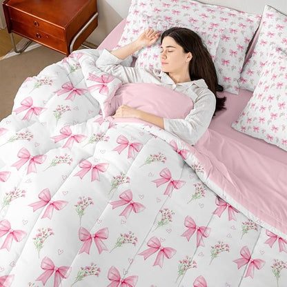 Feelyou Pink Bow Comforter Set with Sheets 7 Piece Twin Size Pink Floral Bed in a Bag Kids Boys Girls Princess Decor Bowknot Bedding Set Garden Flower Bedroom Decor Breathable Soft Lightweight