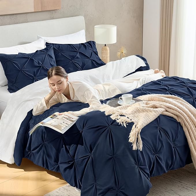 Andency Navy Blue Comforter Set King Size, 3 Pieces All Season Pintuck Decorative Bedding Set, Soft Fluffy Microfiber Bed Set