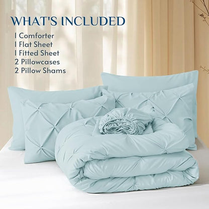 JOLLYVOGUE Queen Comforter Set 7 Pieces - Bed in a Bag Queen for All Season, Pintuck Bedding Comforter Sets with Comforter, Flat Sheet, Fitted Sheet and Pillowcases & Shams, Light Blue