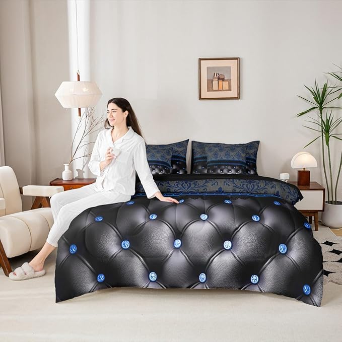 Blue Damask 7-Piece Comforter Set Full Bed in a Bag | Luxury Black Diamond Texture Pattern Bohemian Bedding Sets Antique Decor Gothic Vintage Floral Comforter and Sheet Set, Boho Baroque Room Decor