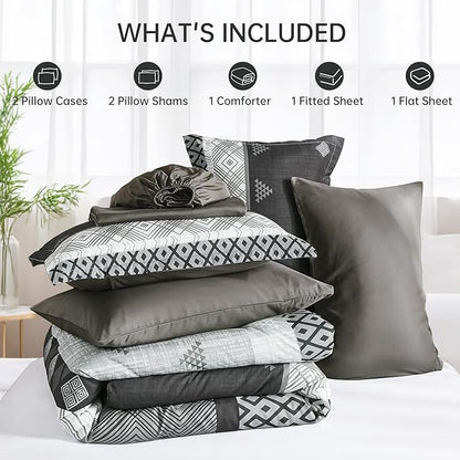Xruibed Black Queen Comforter Set 7 Pieces, Black Grey Boho Striped Bed in a Bag Queen Size Soft Microfiber All Season Bedding Set with Comforter, Sheets, Pillowcases & Shams(90"×90")