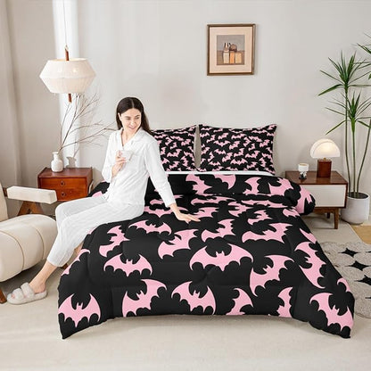 Erosebridal Pink Bat Twin Bedding Sets Halloween Bat Comforter Set Spooky Goth Gothic Animal Quilt Duvet Set Horror Halloween Bedding Collections for Kids Teens Adults