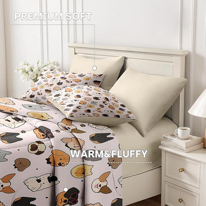 Nesker 7 Pcs Comforter Set King Size, Kids Cute Cartoon Pug Puppy Bedding Set for Kids and Adults, Animal Dog Cream Bed Sheet Sets with Fitted Sheet 2 Pillowcases & 2 Shams