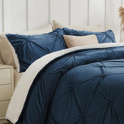 BEDELITE Pintuck Fluffy Twin Comforter Set - Super Soft Sherpa Navy Comforter for Twin Size Bed, Luxury Warm Bedding Set for Winter, Fuzzy Bed Set 2 Piece (1 Comforter, 1 Pillowcase)
