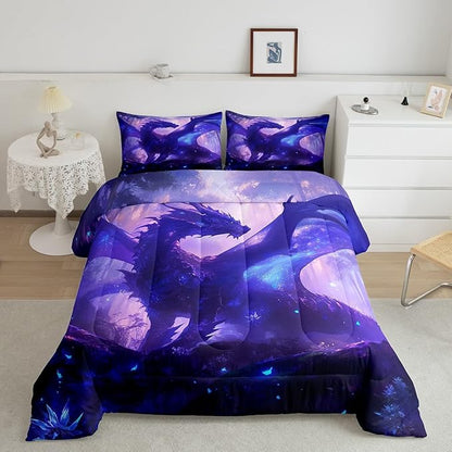 Feelyou Dragon Comforter Set King Size Jungle Dragon Comforter for Boys Girls Teens Western Dragon Bedding Set Wild Animal Duvet Set Room Decor Purple Quilt Set