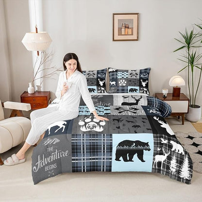 Cabin Retro Rustic Lodge Quilt Queen Size, Bear Deer Country Comforter Set For Kids Boys Teens Bedroom Decor, Hunting Wild Animal Bedding Plaid Checkered Adventure Down Comforter With 2 Pillow Cases