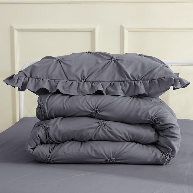 JOLLYVOGUE Dark Grey Bed in a Bag Comforter Set for Bedroom, Pintuck Twin Size Comforter Sets 5 Pieces, Beddding Sets with Comforter, Sheets,Ruffled Shams & Pillowcases