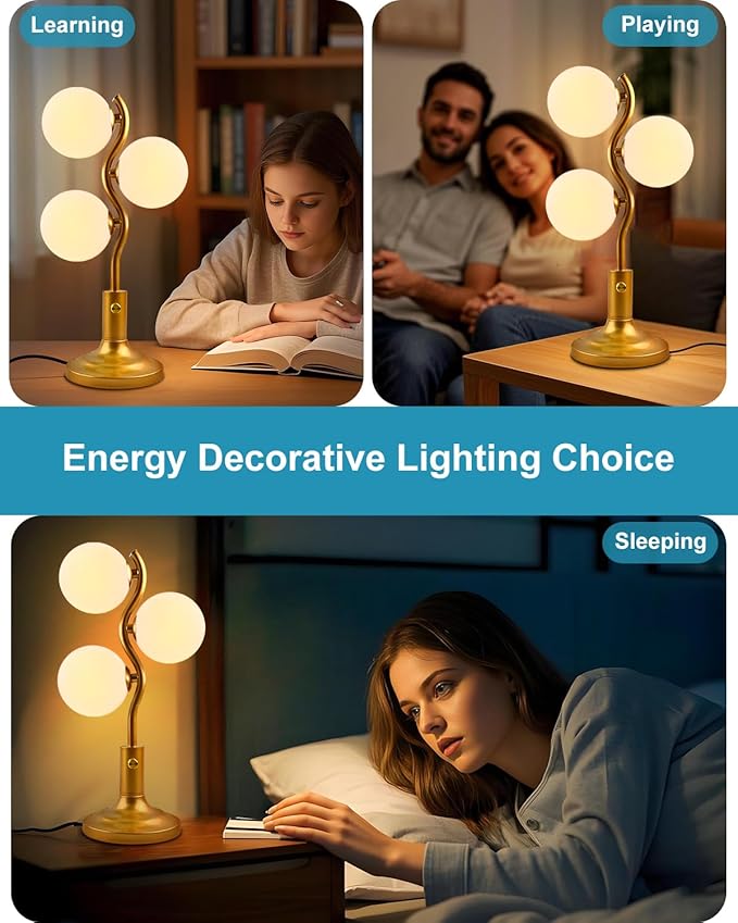 3-Globe Table Lamp for Bedroom, Mid Century Modern Gold Desk Lamp 3000K Warmwhite Dimmable Nightstand Bedside Lamp for Living Room Study Room(G9 Bulbs Included)