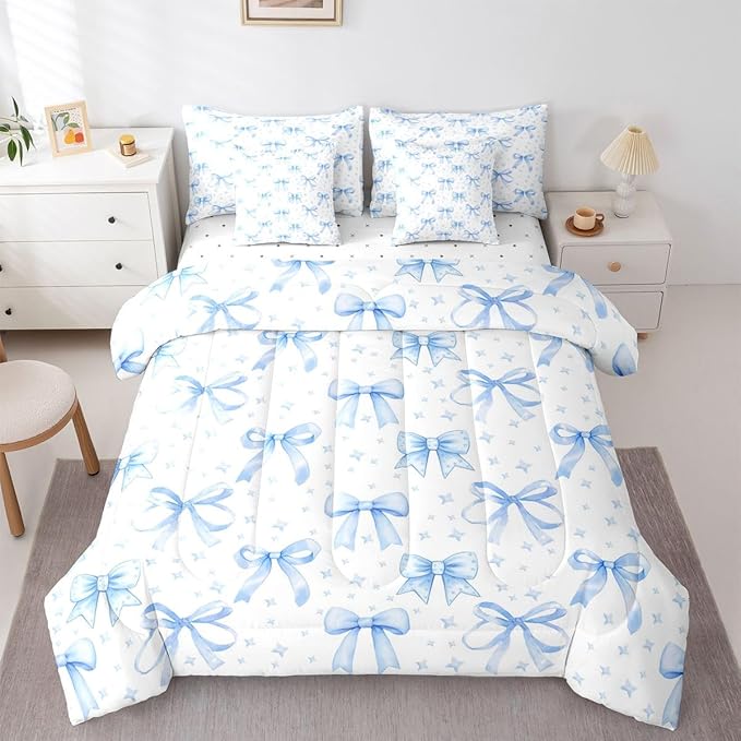 Erosebridal Bowknot Girls Blue Kawaii 7 Piece Bedding Set Twin | Cute Bow Comforter Set with Sheets Princess Bed in A Bag Starry Bed Sets