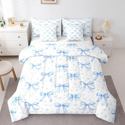 Erosebridal Bowknot Girls Blue Kawaii King 7-Piece Comforter Set | Cute Bow Sheets and Pillowcases Princess Bed in A Bag Starry Bed Sets