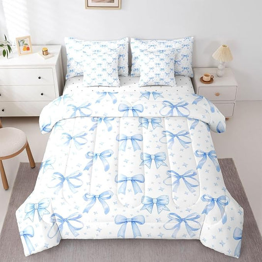 Erosebridal Bowknot Girls Blue Kawaii King 7-Piece Comforter Set | Cute Bow Sheets and Pillowcases Princess Bed in A Bag Starry Bed Sets