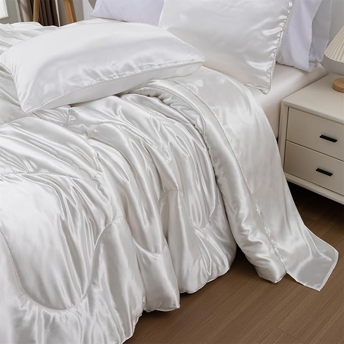 A Nice Night Satin Silky Soft Quilt Luxury Super Soft Microfiber Bedding Comforter Set Full/Queen, Light Weighted (White, Queen)