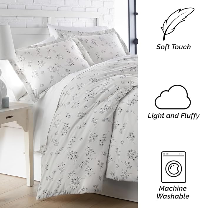 Southshore Fine Living, Inc. 3-Piece Comforter Full Size Set, Down Alternative All-Season Floral Comforter with Matching Shams, Soft Flowered Bedspread, Full or Queen Bedding, Sweet Florals Grey
