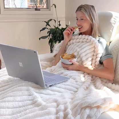 BEDELITE Blankets Queen Size for Bed, 300GSM Soft & Warm Fleece Blanket, Decorative and Giftable Striped Cream White Blankets for Women, Men, 90"x90"