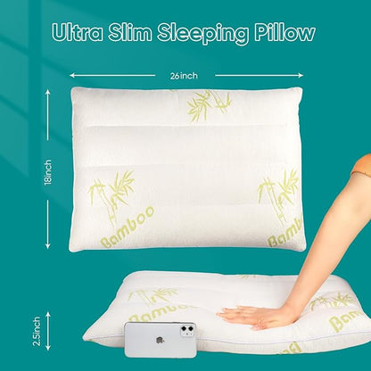 MINUPWELL 2 Packs Ultra Thin Pillows, Flat Pillows for Sleeping Thin, 7D High Support 2.5 inch Height Slim Bed Pillows for Stomach Sleeper, Standard Size -18x26 in - Rayon Derived from Bamboo