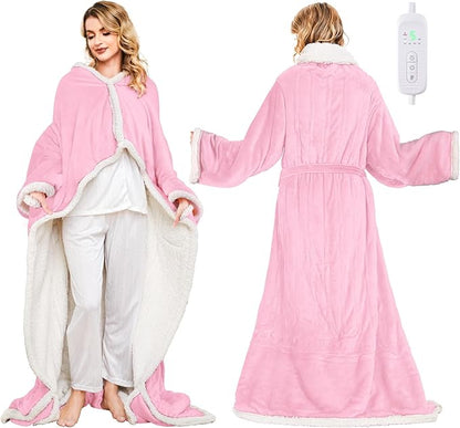 SIHOHAN Heated Throw Blanket Wearable Blanket Throw with Foot Pockets, Sleeves Flannel & Sherpa Wearable Blanket 8 Heating Levels & Timer Snuggle Blankets for Home Office-Electric Blanket 50*60" Pink