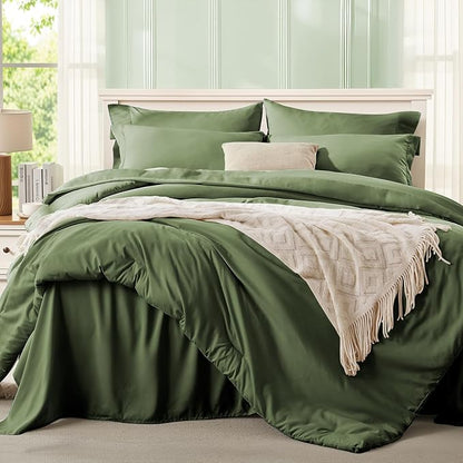 Anluoer Full Comforter Set 7 Pieces, Olive Green Bed in a Bag with Sheets, All Season Bedding Sets with 1 Comforter, 2 Pillow Sham, 2 Pillowcase, 1 Flat Sheet, 1 Fitted Sheet