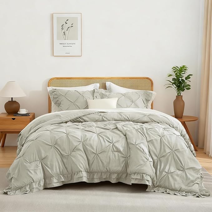 90''x90'' Queen Size 2-Layer Pleated Comforter Set with 2 Pillowcases Microfiber 3 Pieces Bedding Set for Bed Simple Ruffled Quilted Comforter Sets with Ruffles, Light Grey