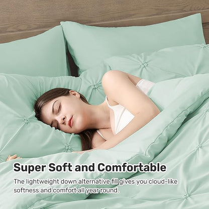 UNIKOME Queen Comforter Set Sage Green - Ultra Soft Boho Pintuck Down Alternative Bedding Set for All Seasons, 3 Pieces Lightweight Warm Pinch Pleat Bed Set with Comforter, 2 Pillowcases