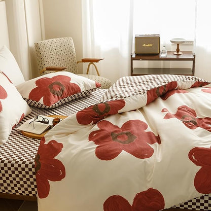 CLOTHKNOW Sunflower Full Comforter Set 3Pcs Rust Beige Floral Bedding Comforter Sets Brown Plaid Comforter Botanical Boho Comforter Sets Full