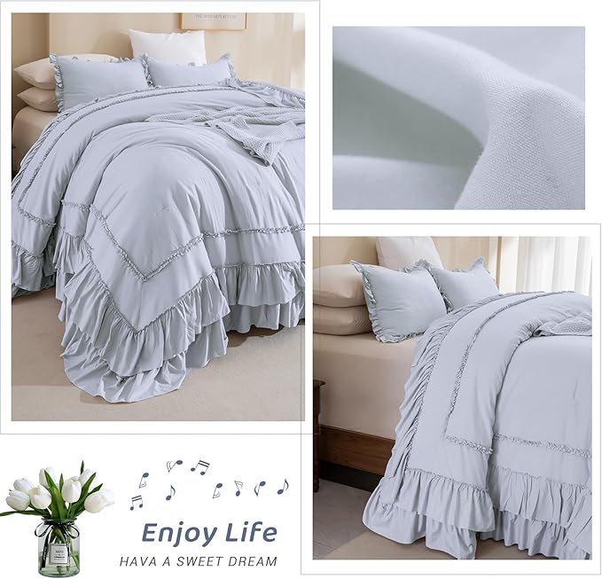 Sanracie Oversized King Comforter Sets 128" x 120", 3 Pieces Cornflower Blue Cotton Vintage Ruffle Bedding Comforter Set Lightweight Breathable Farmhouse Aesthetic Bedding Set