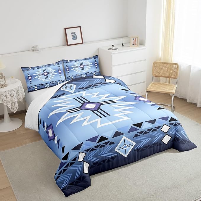 Blue Aztec Tribal Arrow Stripes Comforter Set King Size,Southwestern Bedding Set for Kids Girls Boys Adult Room Decor,Rustic Farmhouse Quilt Set Vintage Cowboy Duvet Insert,2 Pillowcases