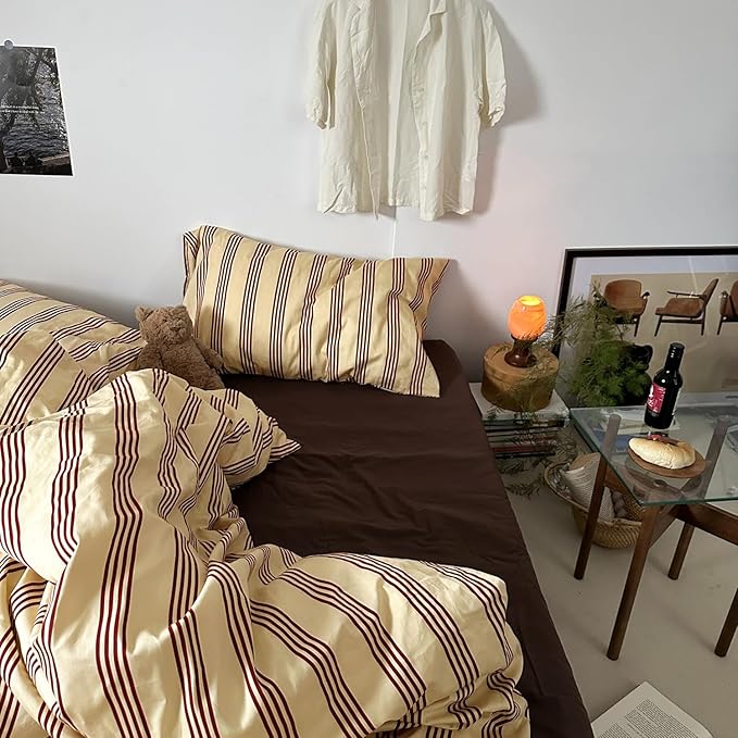 mixinni Vintage Striped Comforter Set King Size - Soft Cotton 3-Piece Boho Bedding Set (1 Comforter+ 2 Pillowcases), Rustic Red-Brown Geometric Stripes, Ultra-Soft & Breathable for All Seasons