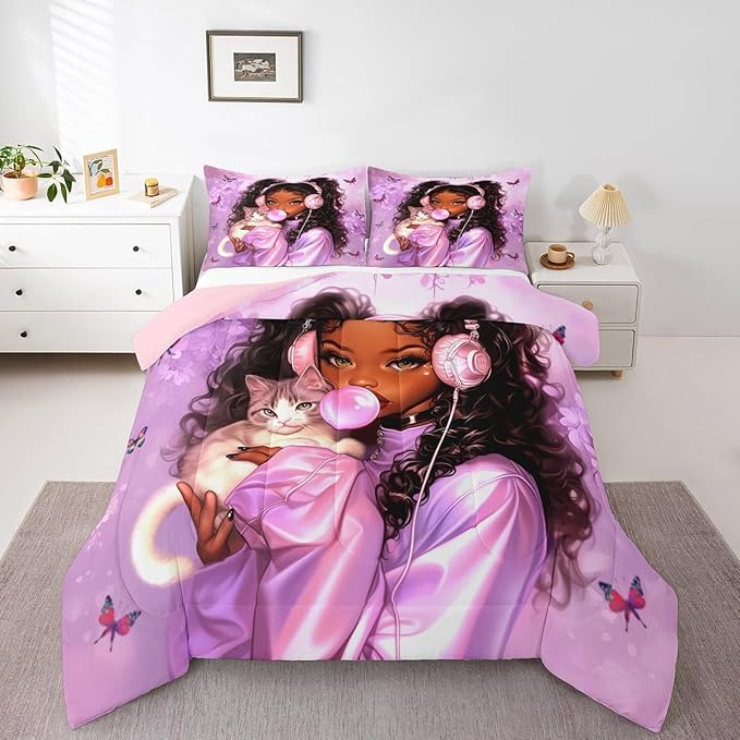 Manfei Black Princess Kids Comforter Set King Size,Cartoon Cat Cute Animal Pet Bedding Set,Girls Women Room Decor,African American Theme Girl Down Comforter,Purple Romantic Duvet Insert,2 Pillowcases