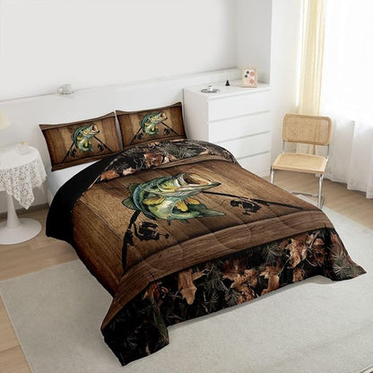 Erosebridal Camo Bass Fish Twin Bedding Set Pike Fish Fishing Comforter Set for Kids Boys Teen Men Camouflage Hunting Bed Comforter Sets,Rustic Farmhouse Quilt Duvet