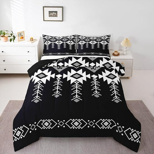 Erosebridal Western Aztec Bedding Set Queen Size for Boys, Boho Southwestern Comforter Set for Teens Adult Women American Native Down Comforter Vintage Ethnic Rustic Geometric Quilt, Black White