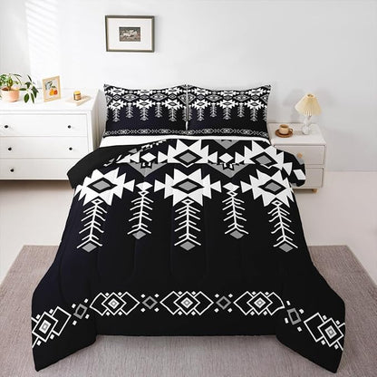 Erosebridal Western Aztec Bedding Set King Size for Boys, Boho Southwestern Comforter Set for Teens Adult Women American Native Down Comforter Vintage Ethnic Rustic Geometric Quilt, Black White