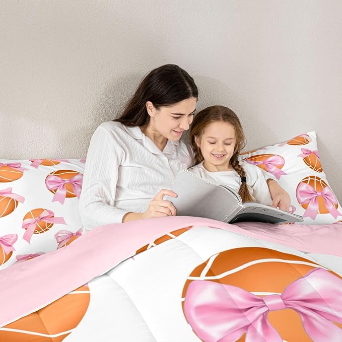 Bowknot Basketball Comforter Set Full Size,Pink Bow Knot Print Bedding Sets 3Pcs for Kids Girls Women Room Decor,Ball Sport Games Theme Duvet Insert Cute Cartoon Girly Down Comforter,2 Pillowcases