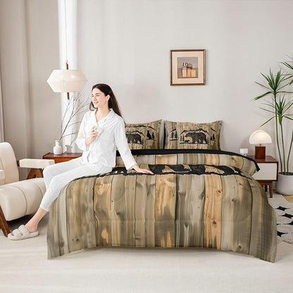 Erosebridal Cabin Bear Bed in A Bag Twin | Rustic Jungle Hunting 7 Piece Comforter Set Woodl and Animal Farmhouse Sheet Set Grain Countryside Barn Door Fitted Sheet Breathable Lightweight