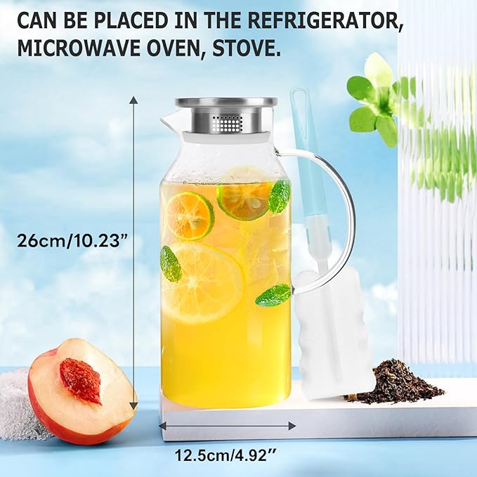 Yirilan Glass Pitcher, 90 oz/2.6 Liter Water Pitcher with Lid, Large Juice Pitchers for Drinks, Glass Water Carafe,Glass Tea Jug,Beverage Pitcher Transparent