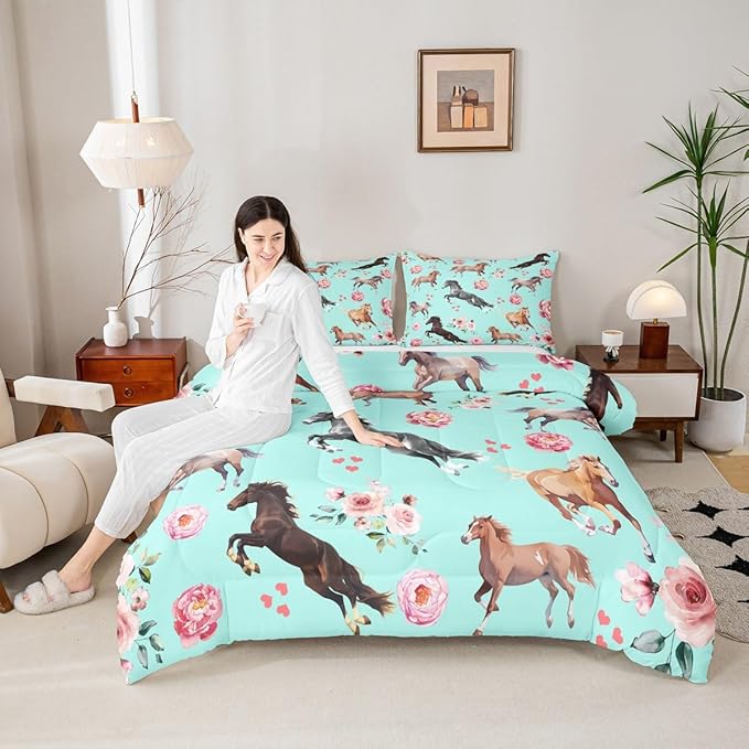 Horse Queen Comforter for Girls,Kawaii Farmhouse Horse Print Bedding Sets for Cowboy Cowgirl,Rustic Wild Animal Quilt Set,Watercolor Rose Flowers Leaves Duvet Insert with 2 Pillow Shams Lightweight