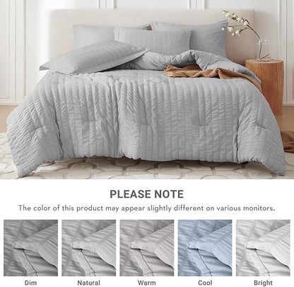MUXHOMO 5 Pieces Twin Comforter Set, Seersucker Bed in a Bag Twin Size, All Season Luxury Bedding Set with Comforter, Flat Sheet, Fitted Sheet, Pillowcase & Sham, Light Grey
