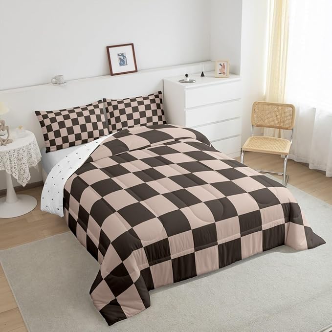 Feelyou Checkered Retro Bedding Set Teen Women Men Gradient Brown Plaid Comforter Set Twin Size Kids Boys Girls Geometric Vintage Duvet Insert Modern Simple Groovy Aesthetic Room Decor