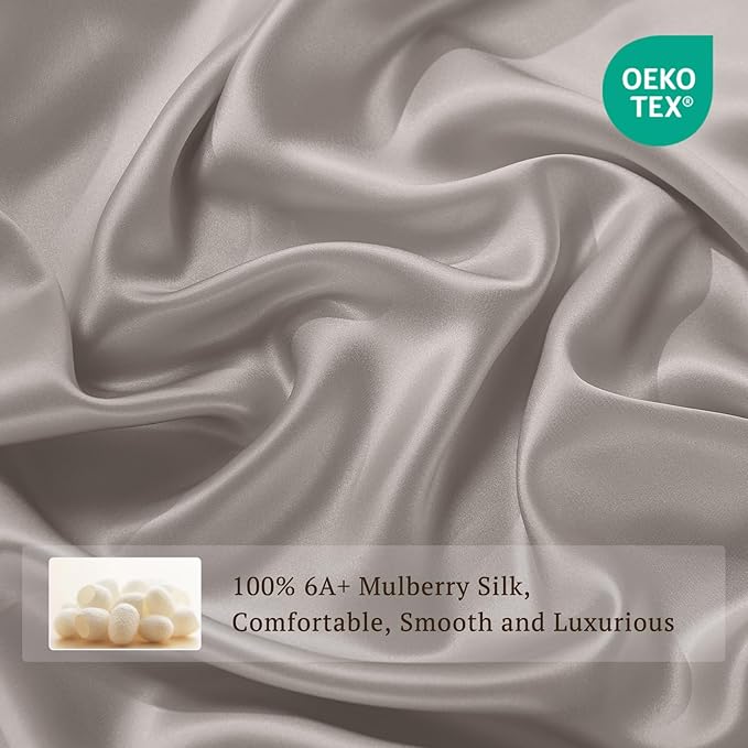 THXSILK 6A+ Top Grade 100% Pure Mulberry Silk King Fitted Sheet 3Pcs Set Bed Sheets Luxury Bedding for Hair and Skin Soft Breathable Cooling, 1 Fitted Sheet with 2 Pillowcases, Grey