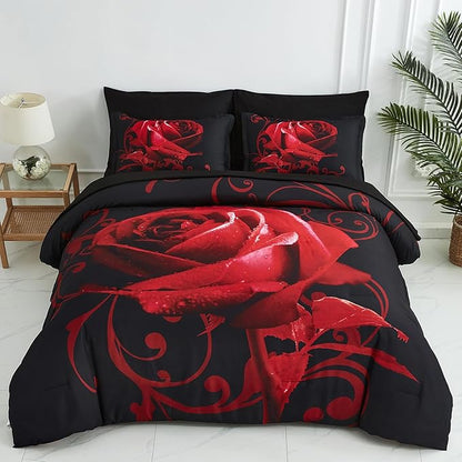 Red Comforter Set Full 7 Piece Bed in a Bag Red Rose Flower Comforter with Sheet Set Soft Micorfiber Reversible Bedding Set (1 Comforter,2 Pillow Shams,1 Flat Sheet,1 Fitted Sheet,2 Pillowcases)