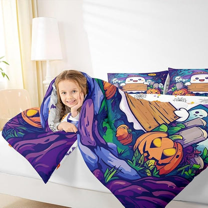 Erosebridal Kids Halloween Full Bedding Set, Cute Ghost Comforter Set Spooky Halloween Decor Comforter for Boys Girls Teens Youth Adults Bedroom, Pumpkin Lantern Cartoon Graveyard Gothic Quilt