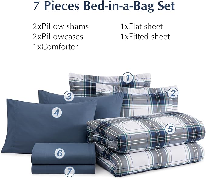 MaiRêve Full Size Plaid Comforter Set Blue White, Classic 7 Pieces Farmhouse Bedding Set, All Season Lightweight Bed in A Bag with Sheets, Pillowcases & Shams