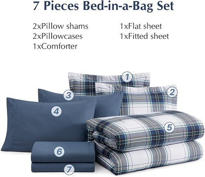 MaiRêve Full Size Plaid Comforter Set Blue White, Classic 7 Pieces Farmhouse Bedding Set, All Season Lightweight Bed in A Bag with Sheets, Pillowcases & Shams