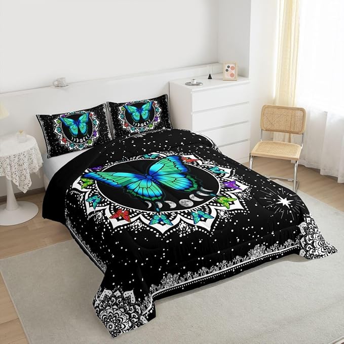 Erosebridal Butterfly Bedding Set Queen Size Galaxy Duvet Set Starry Sky Comforter Sets Boho Colorful Wild Animals Down Comforter for Moth Moon All Season Mandala Black White Duvet Set