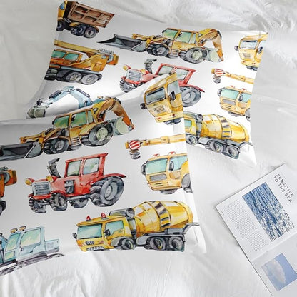 Colorful Car Trucks Construction Comforter Set for Boys Kids Toddlers Teens Queen, Red Tractor Excavator Bedding Sets Water Washed Microfiber Bedding with 1 Comforter 2 Pillowcase