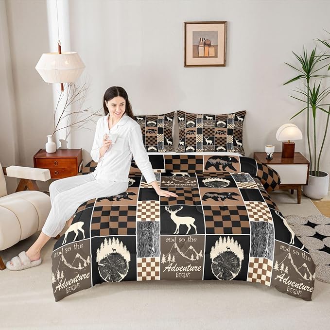 Boys Bear Deer Plaid Comforter Set, Rustic Cabin Lodge Bedding For Kids Bedroom, Brown Black Buffalo Quilt Hunting Wildlife Camping Farmhouse Patchwork Duvet Insert Deer Decorations For Home, Full