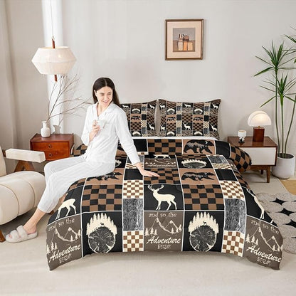 Boys Bear Deer Plaid Comforter Set, Rustic Cabin Lodge Bedding For Kids Bedroom, Brown Black Buffalo Quilt Hunting Wildlife Camping Farmhouse Patchwork Duvet Insert Deer Decorations For Home, King