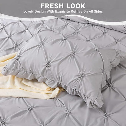 JOLLYVOGUE Gray Bed in a Bag Comforter Set for Bedroom, Pintuck Full Size Comforter Sets 7 Pieces,Beddding Sets with Comforter, Sheets,Ruffled Shams & Pillowcases